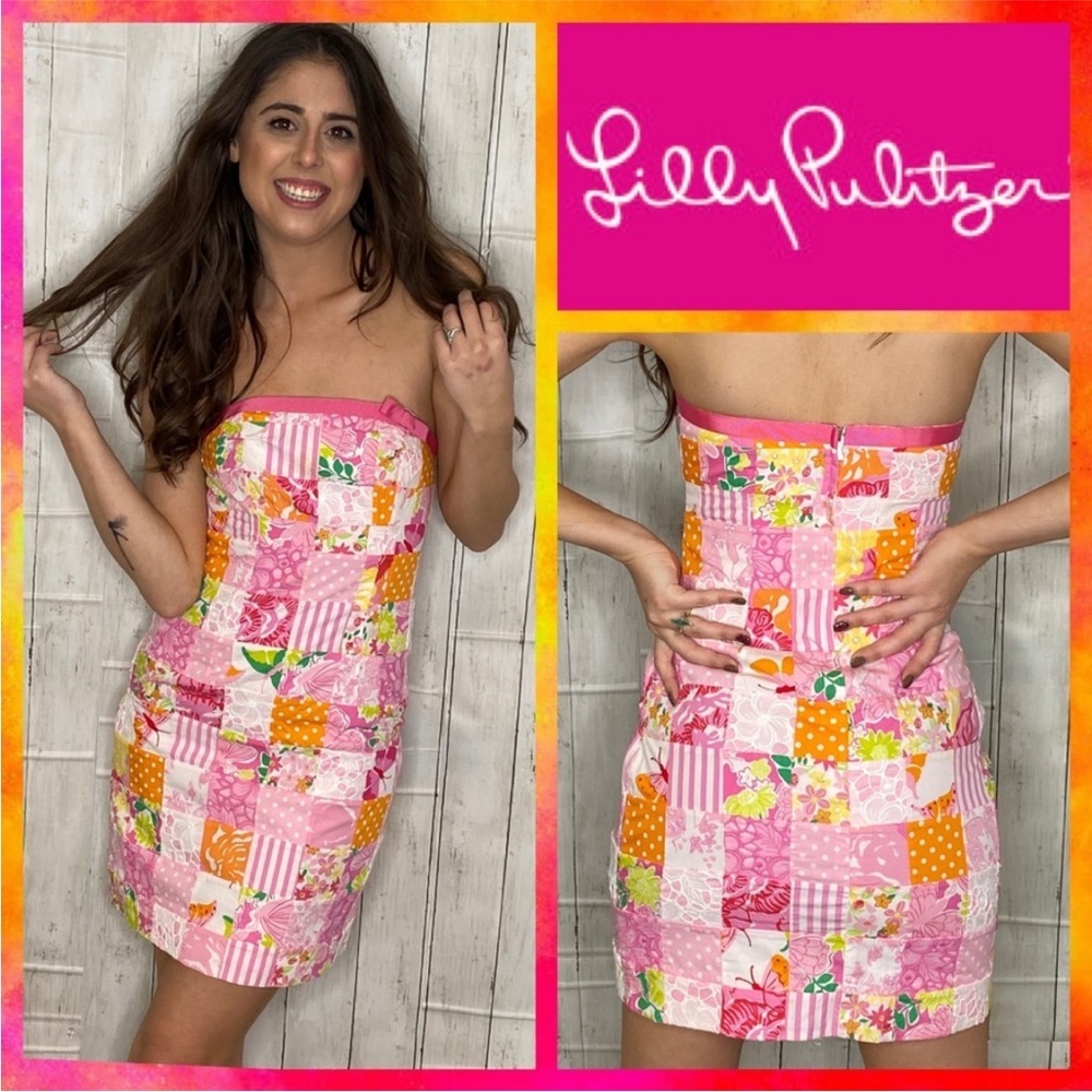 👗LILLY PULITZER VTG Retro 90s Quilted Patchwork Strapless Dress Sz 2 Pink NWOT - Picture 15 of 15